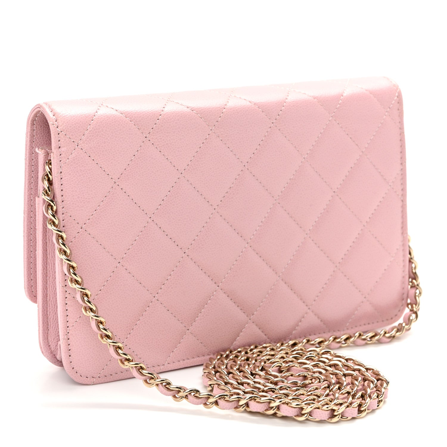 Caviar Quilted Studded CC Wallet on Chain WOC Light Pink — view 3