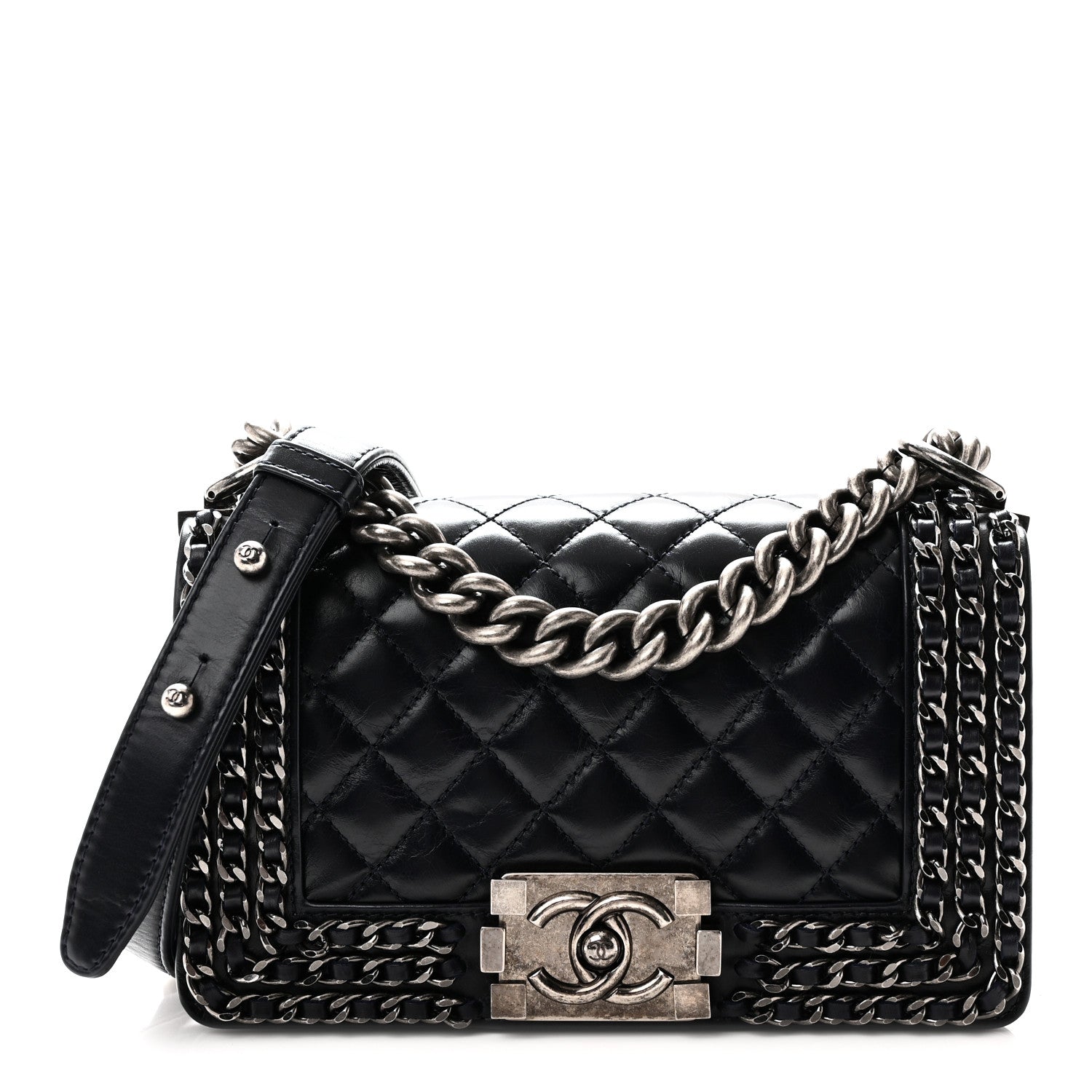 Glazed Calfskin Quilted Small Boy Chained Flap Navy