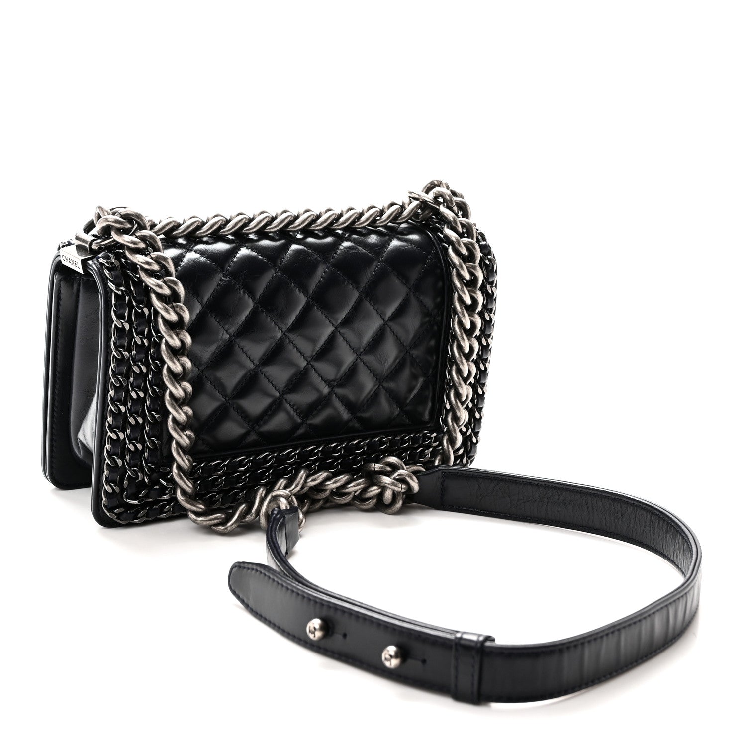 Glazed Calfskin Quilted Small Boy Chained Flap Navy — view 3