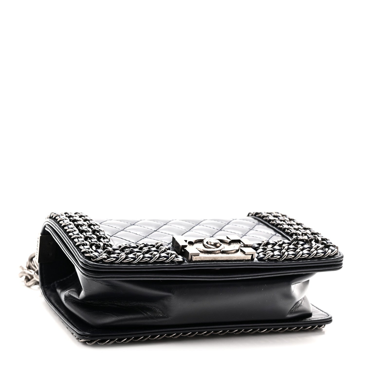 Glazed Calfskin Quilted Small Boy Chained Flap Navy — view 4