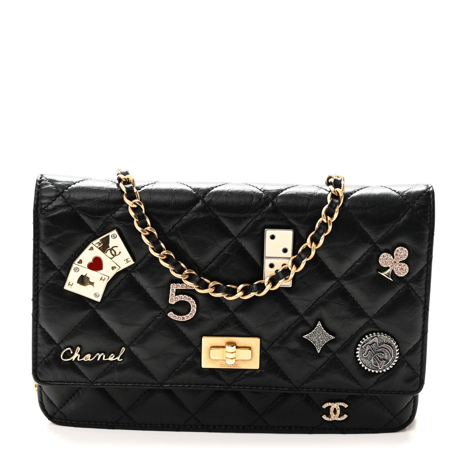 Aged Calfskin Lucky Charms Casino 2.55 Reissue Wallet on Chain WOC Black