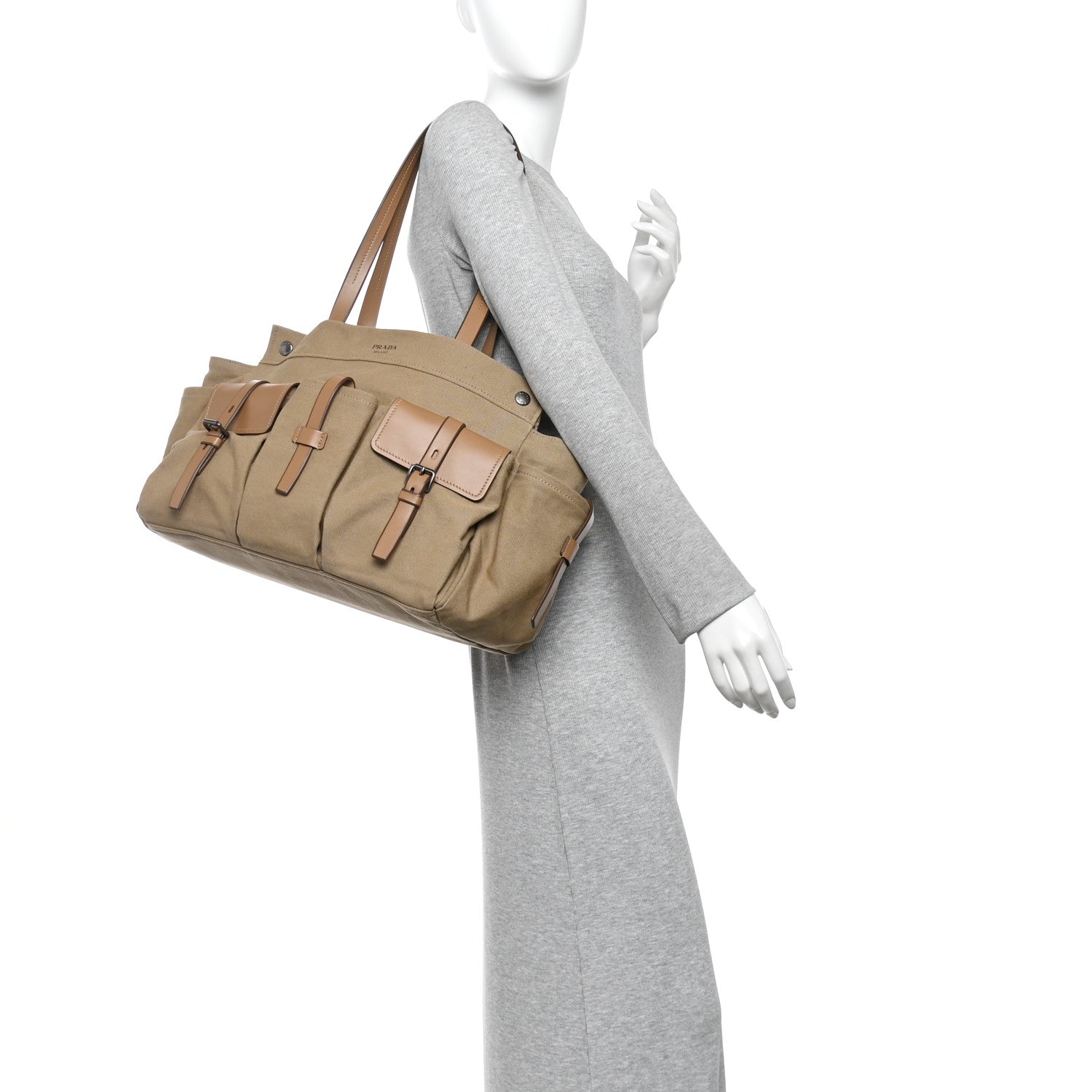 Canvas Calfskin Large Route Shoulder Bag Khaki — view 2