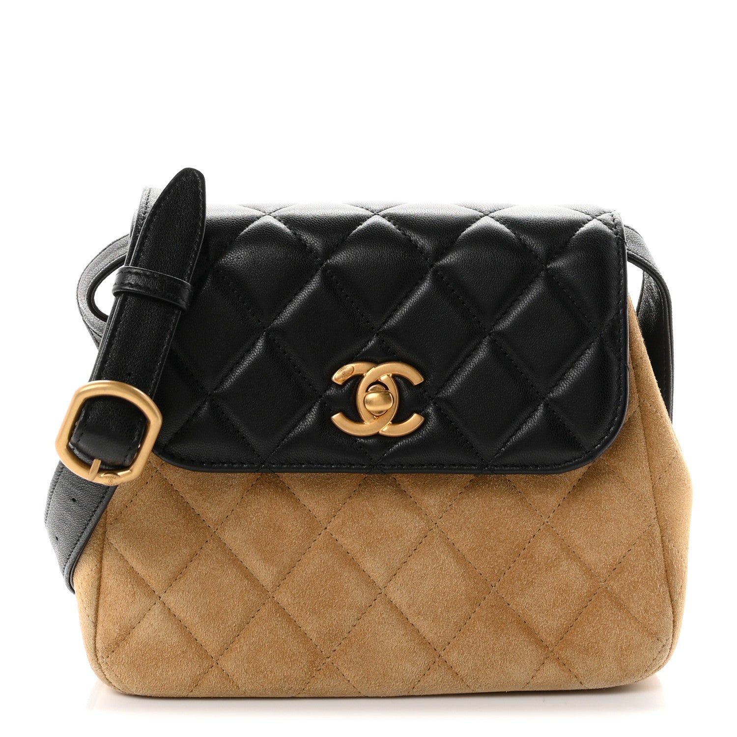 Suede Shiny Lambskin Quilted Crossbody Flap Black Beige