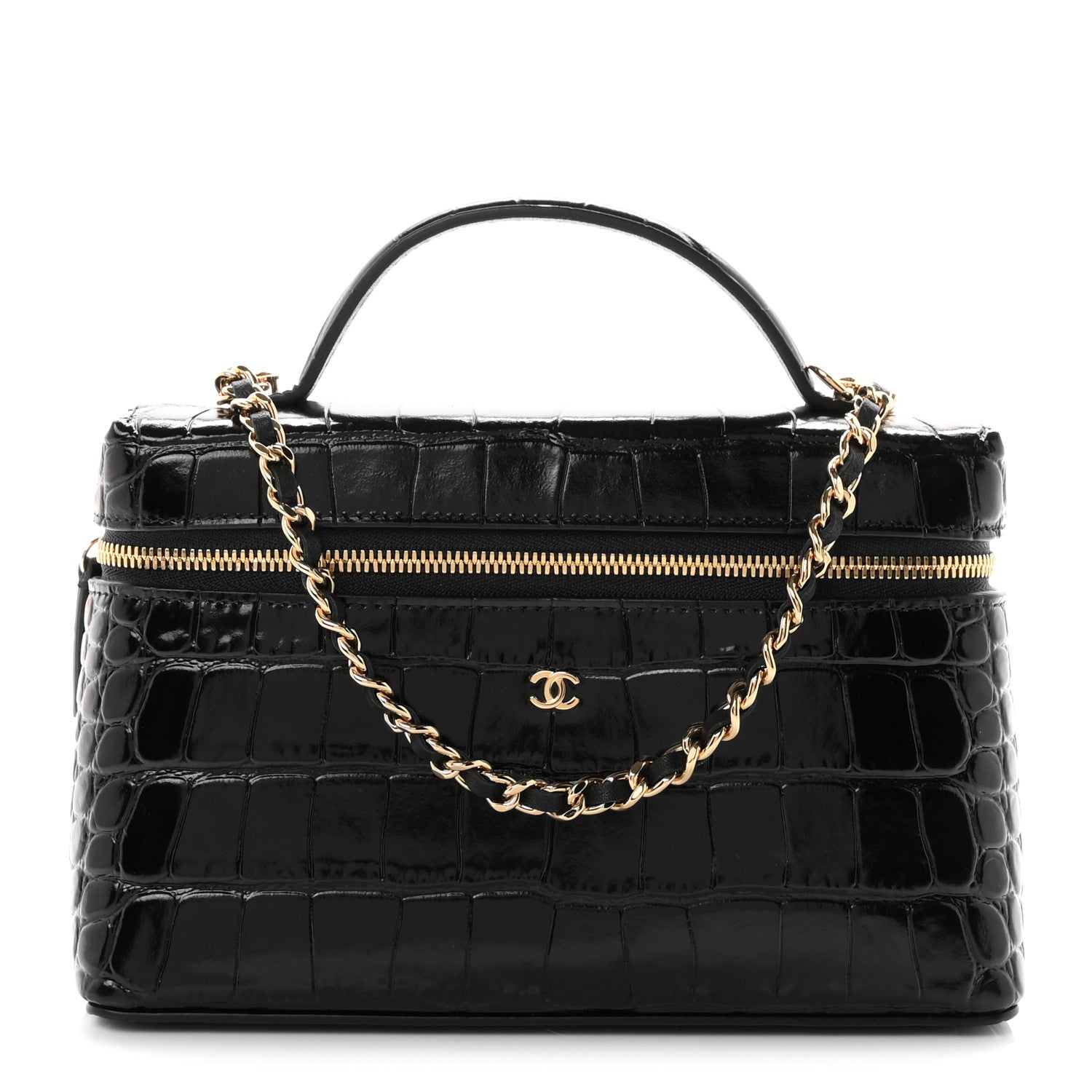 Calfskin Crocodile Embossed Crococo Exoticoco Vanity With Chain Black