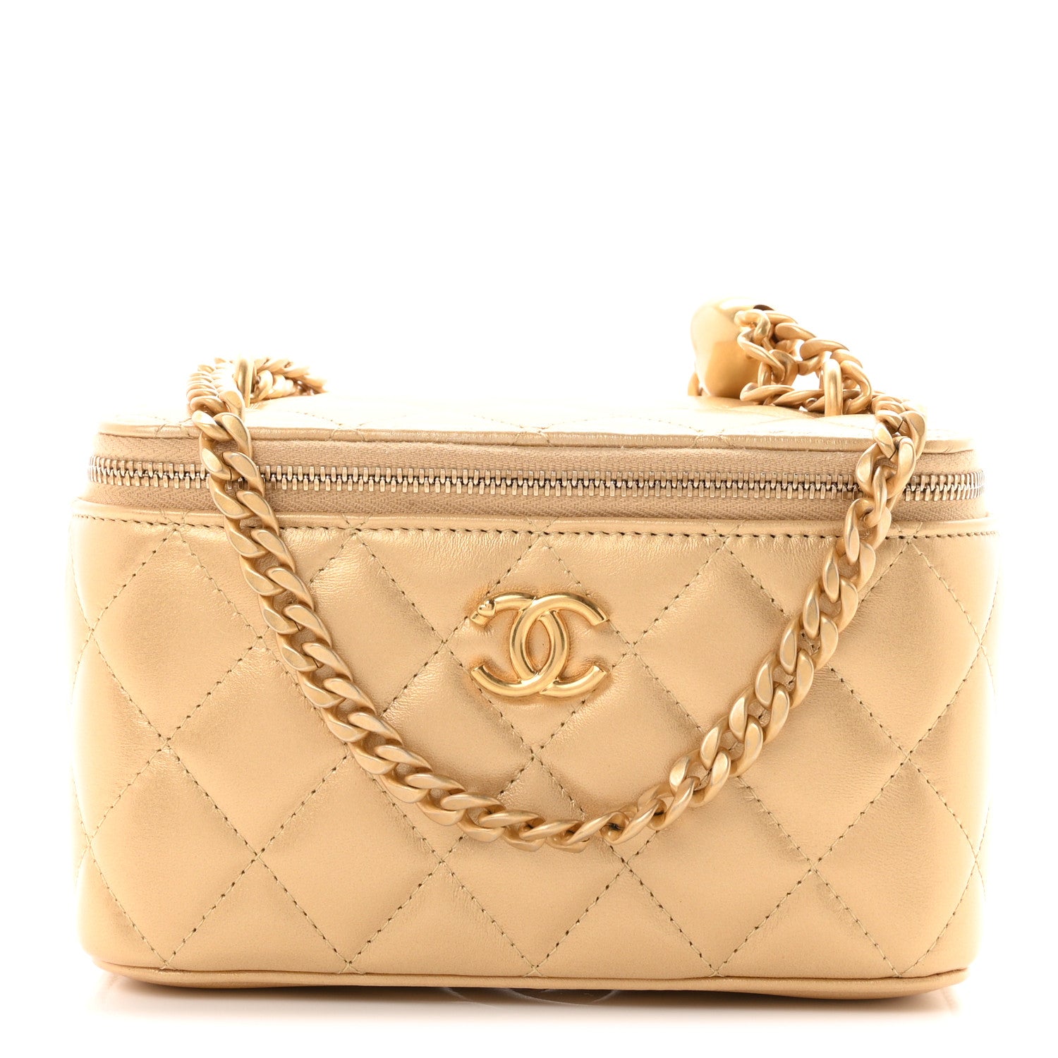 Metallic Lambskin Quilted Sweetheart Vanity Case Gold