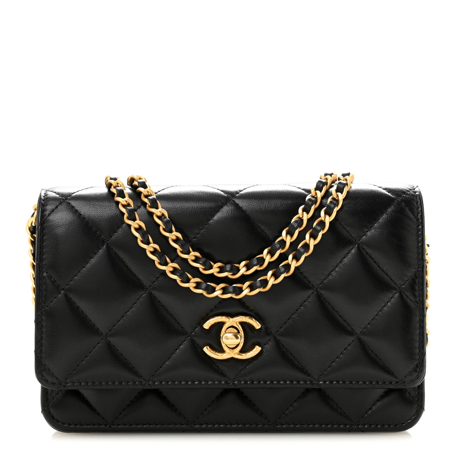 Lambskin Quilted Logo WOC Wallet On Chain Black