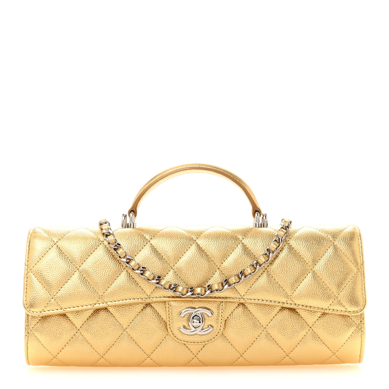 Metallic Caviar Quilted Top Handle Long Clutch With Chain Gold — view 1
