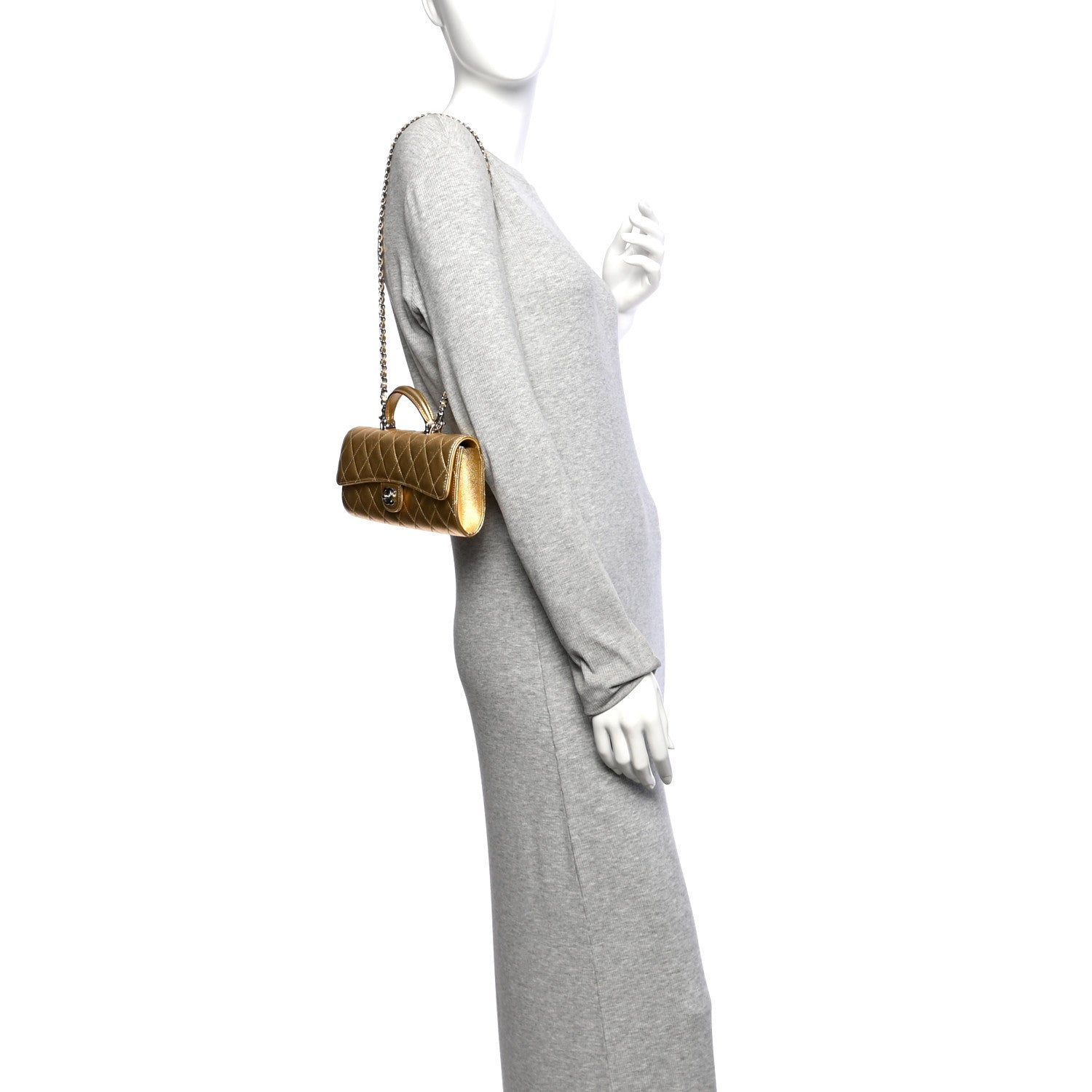 Metallic Caviar Quilted Top Handle Long Clutch With Chain Gold — view 2