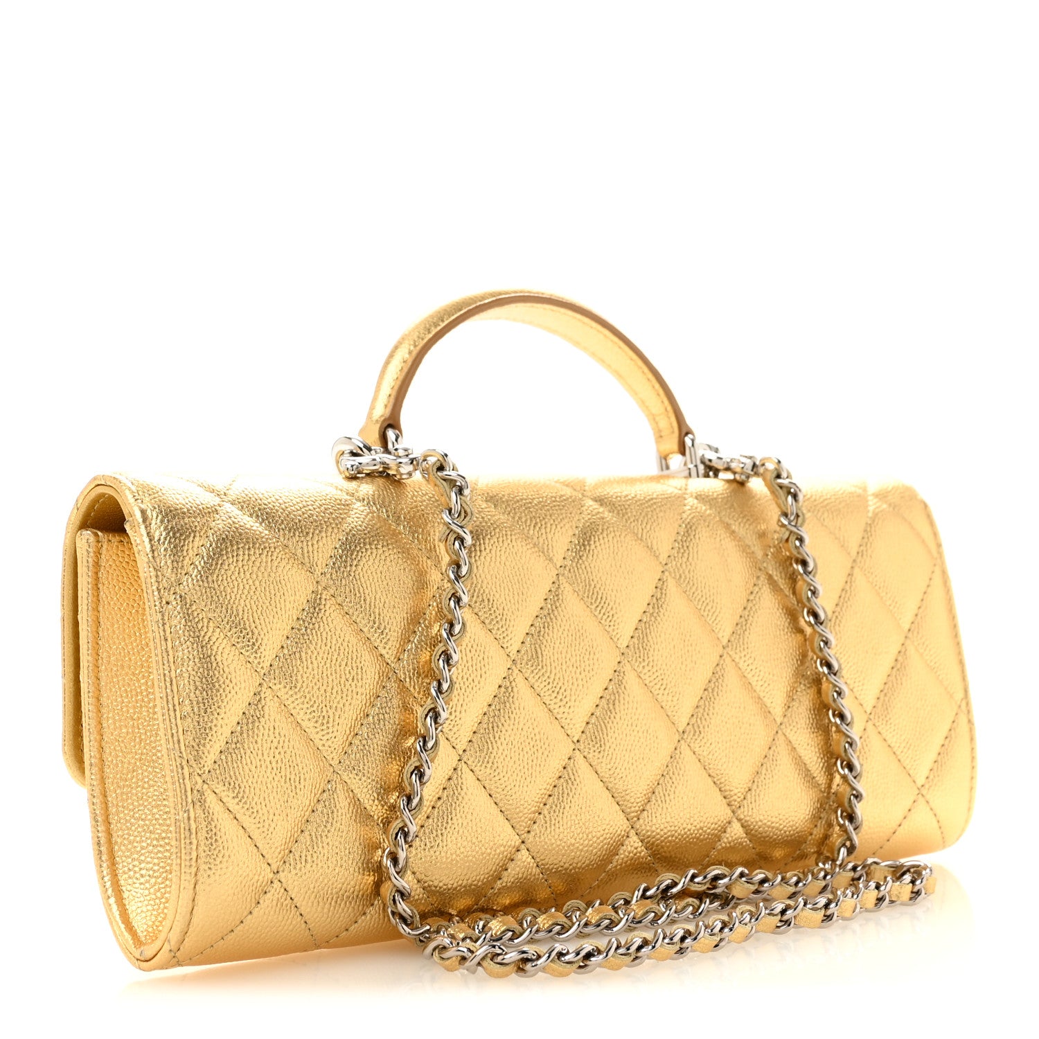 Metallic Caviar Quilted Top Handle Long Clutch With Chain Gold — view 3