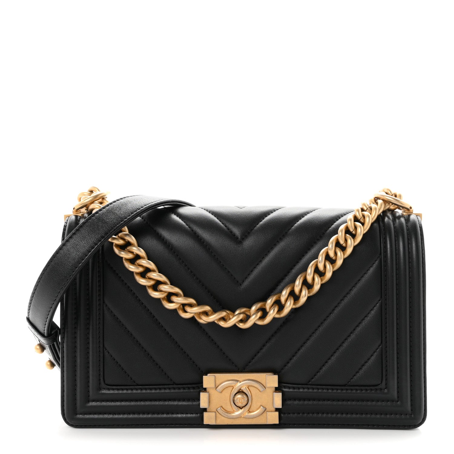 Calfskin Chevron Quilted Medium Boy Flap Black