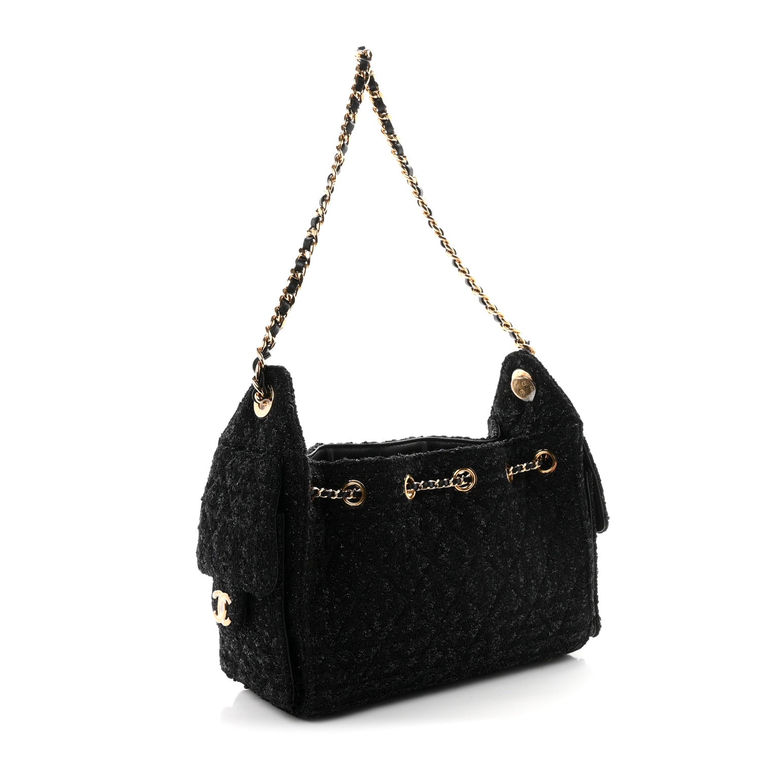 Tweed Quilted Mini Chanel 25 Handbag Black — view 3