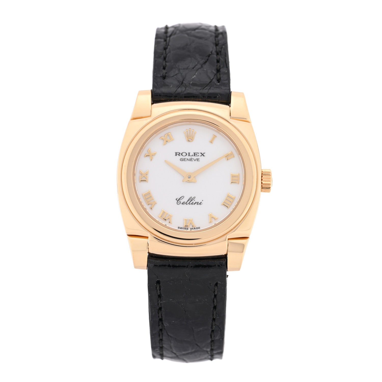 18K Yellow Gold Alligator 26mm Cellini Manual Winding Watch White 5310