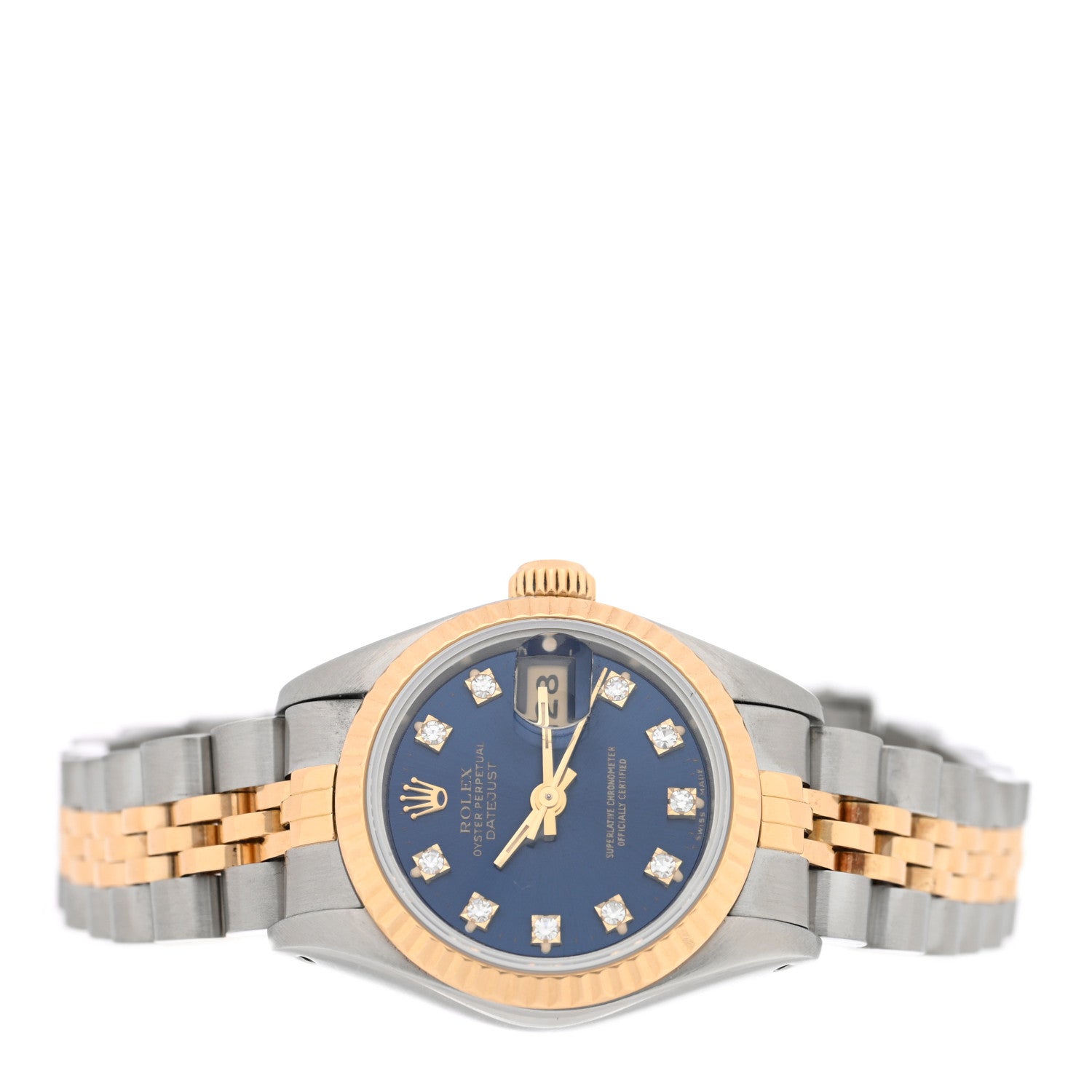 Stainless Steel 18K Yellow Gold Diamond 26mm Oyster Perpetual Datejust Watch Blue Gradient 69173 — view 2