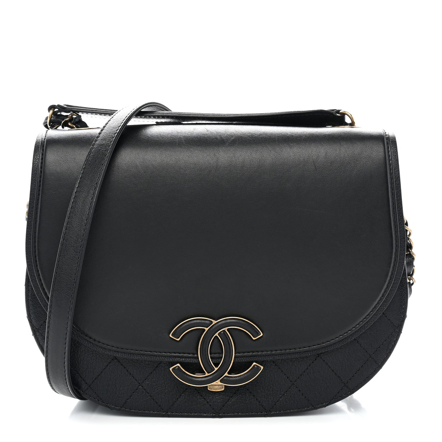 Shiny Calfskin Goatskin Quilted Medium Coco Curve Messenger Flap Black