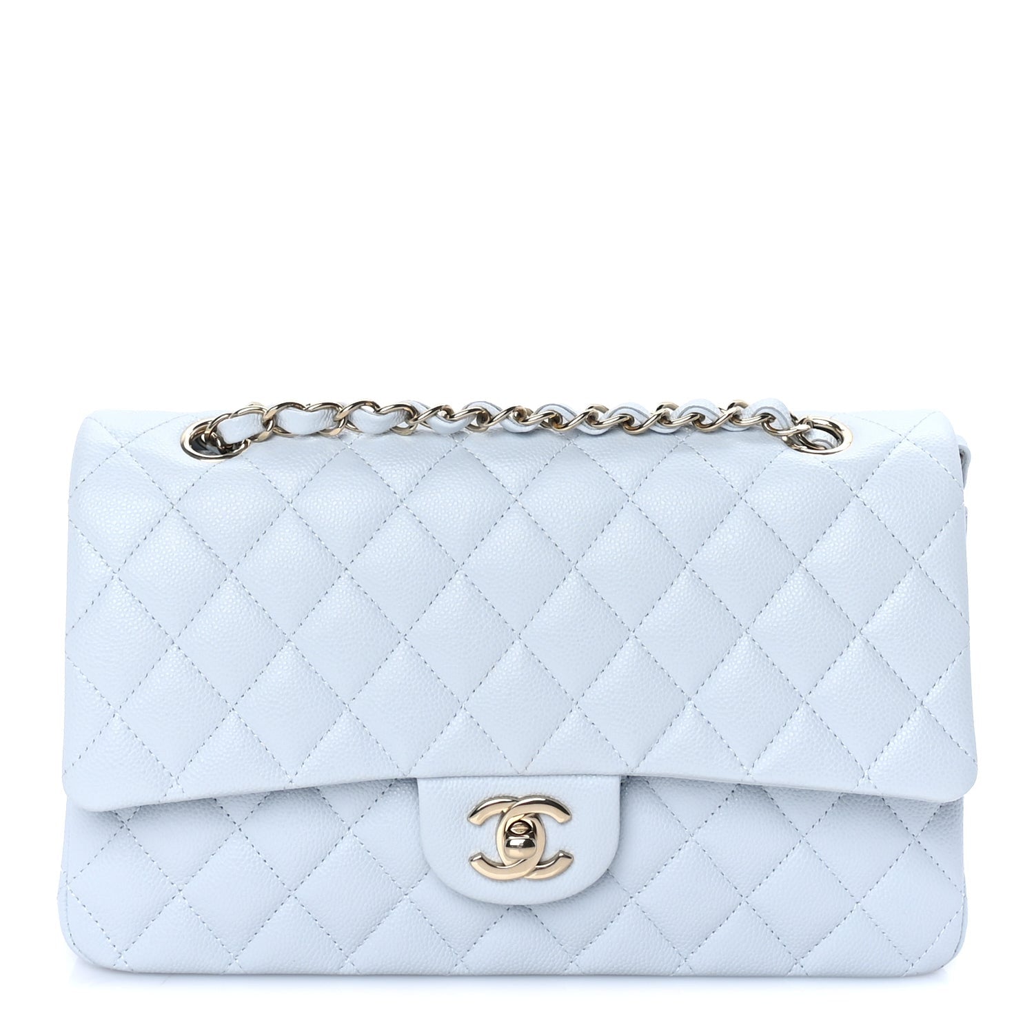 Caviar Quilted Medium Double Flap Light Blue