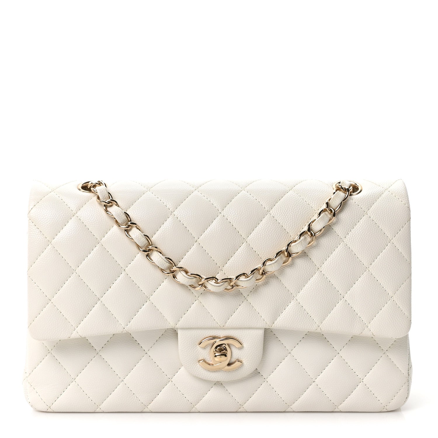 Caviar Quilted Medium Double Flap White