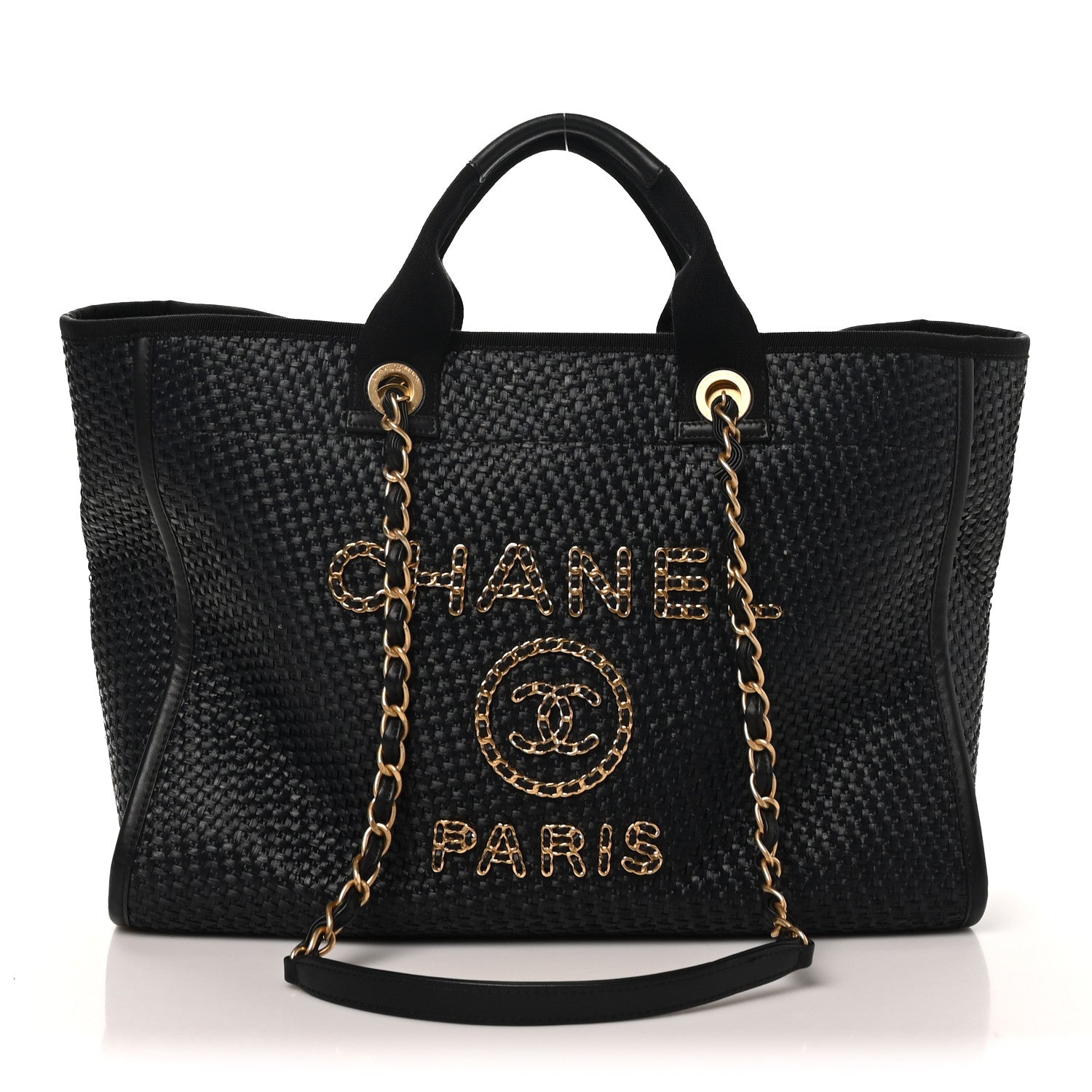Straw Raffia Calfskin Chain Medium Deauville Tote Black — view 1