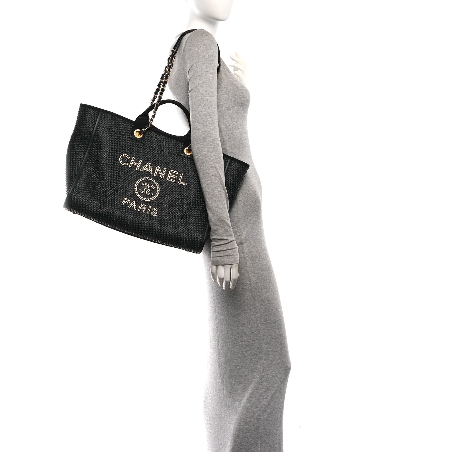 Straw Raffia Calfskin Chain Medium Deauville Tote Black — view 2