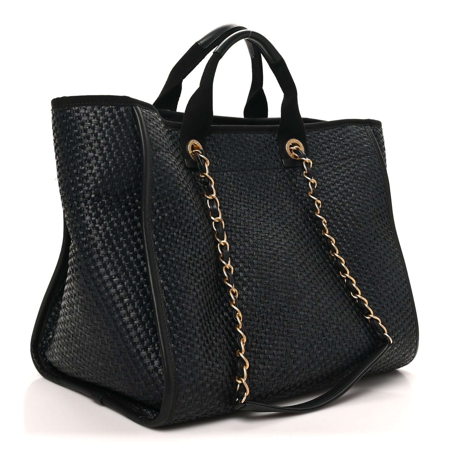 Straw Raffia Calfskin Chain Medium Deauville Tote Black — view 3