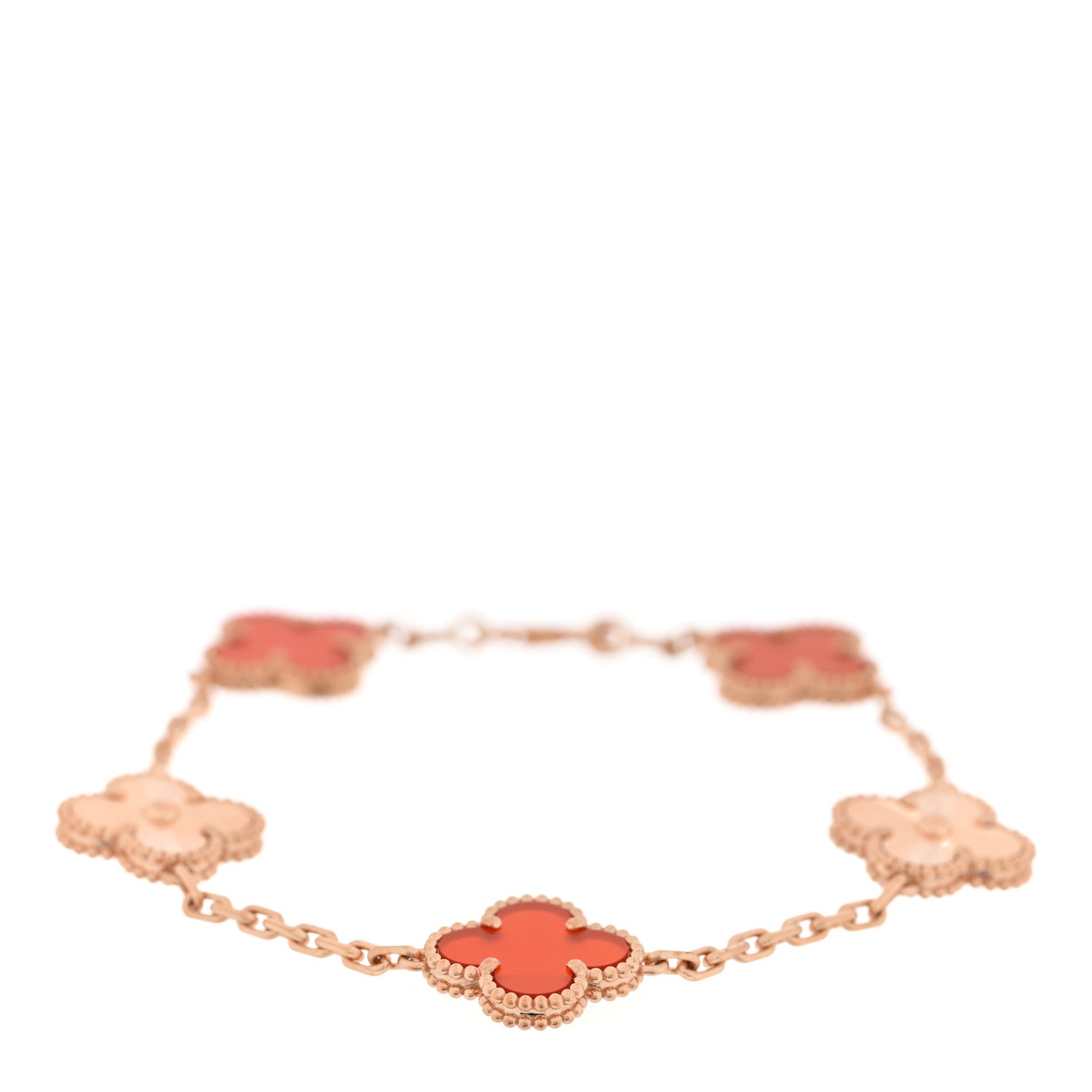 18K Rose Gold Carnelian 5 Motifs Guilloche Vintage Alhambra Bracelet