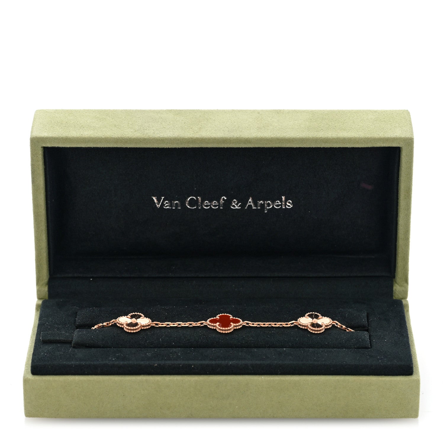18K Rose Gold Carnelian 5 Motifs Guilloche Vintage Alhambra Bracelet — view 4