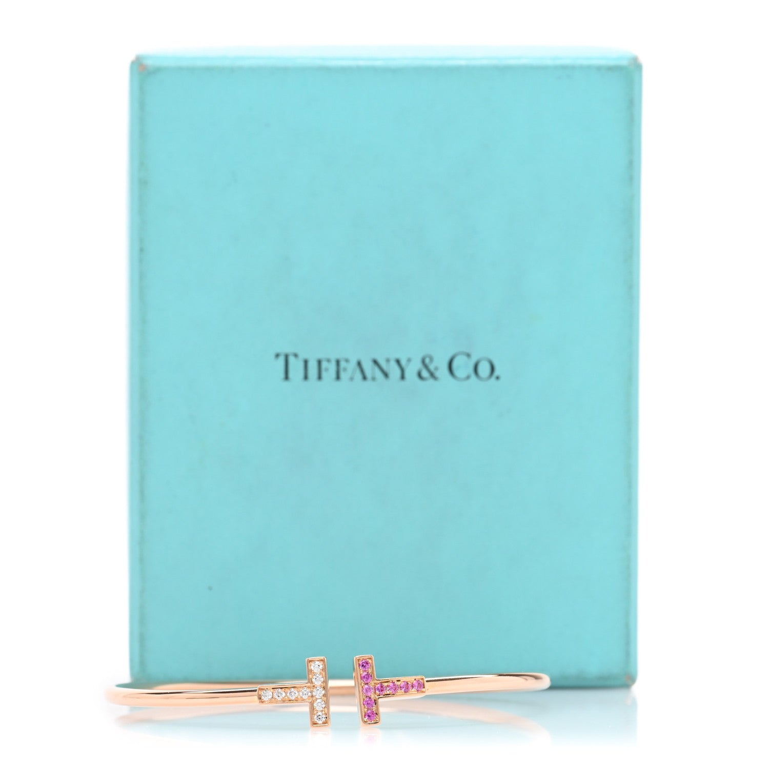 18K Rose Gold Diamond Pink Sapphire T Wire Bracelet — view 4