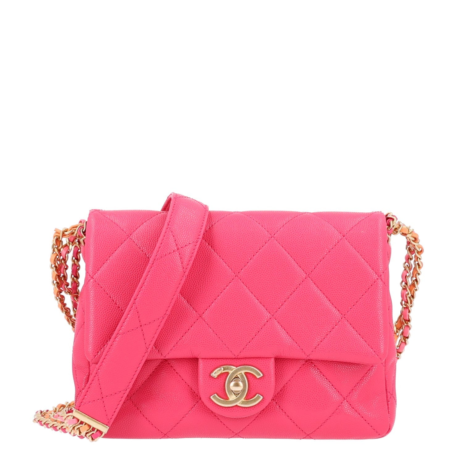 Shiny Caviar Quilted Chain Sunset Mini Flap Pink