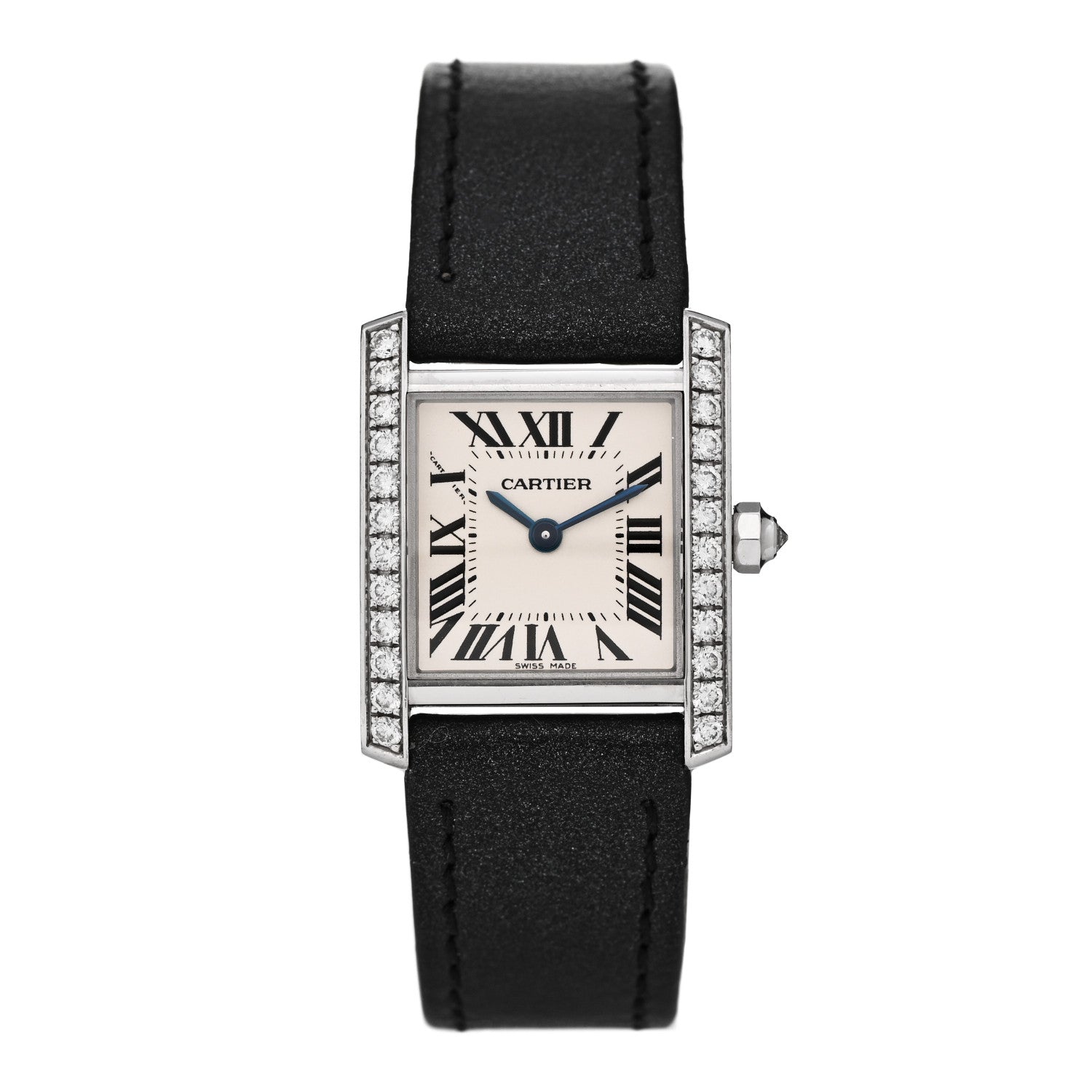 18K White Gold Calfskin Diamond Bezel 20mm Tank Francaise Quartz Watch