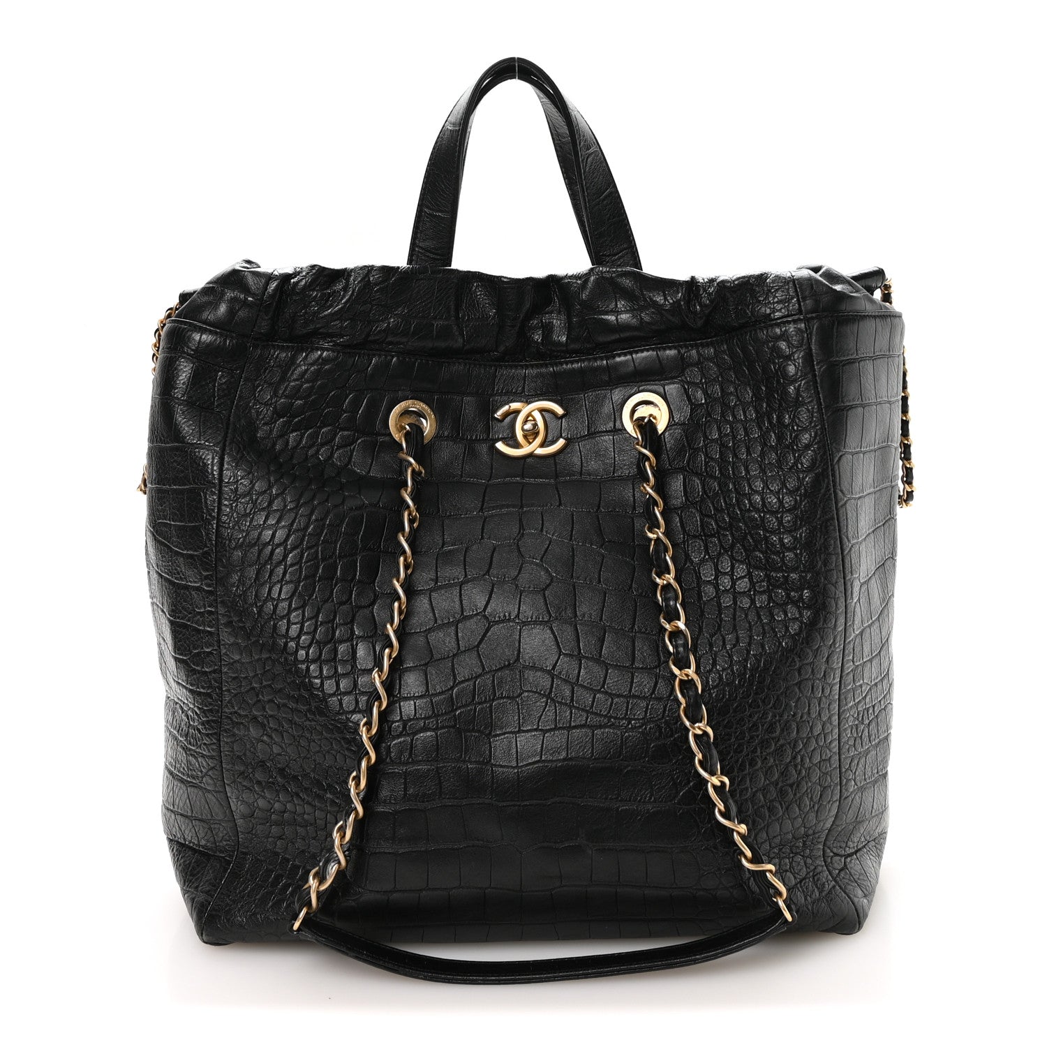 Calfskin Crocodile Embossed Large Cocodile Shopping Tote Black — view 1