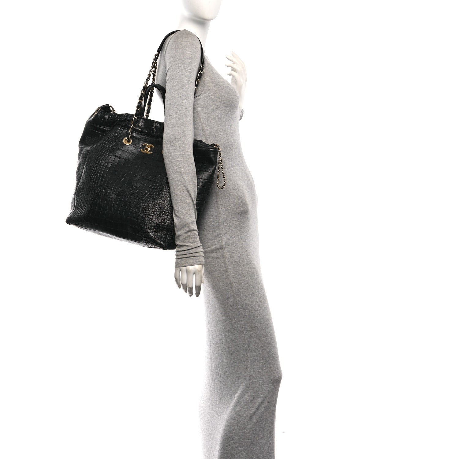 Calfskin Crocodile Embossed Large Cocodile Shopping Tote Black — view 2