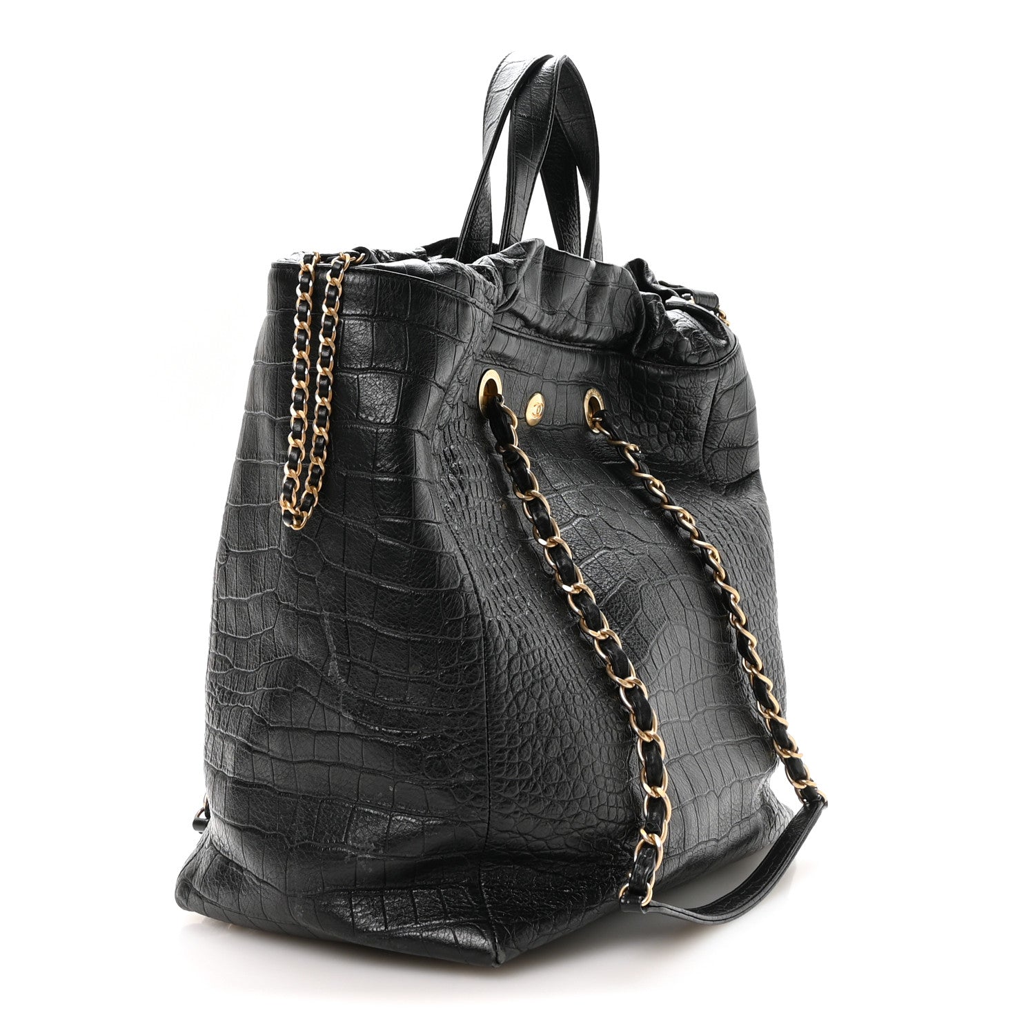 Calfskin Crocodile Embossed Large Cocodile Shopping Tote Black — view 3