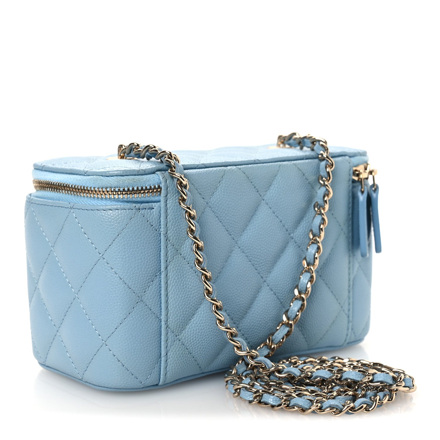 Caviar Quilted Small Tiny CC Vanity Case With Chain Light Blue — view 3