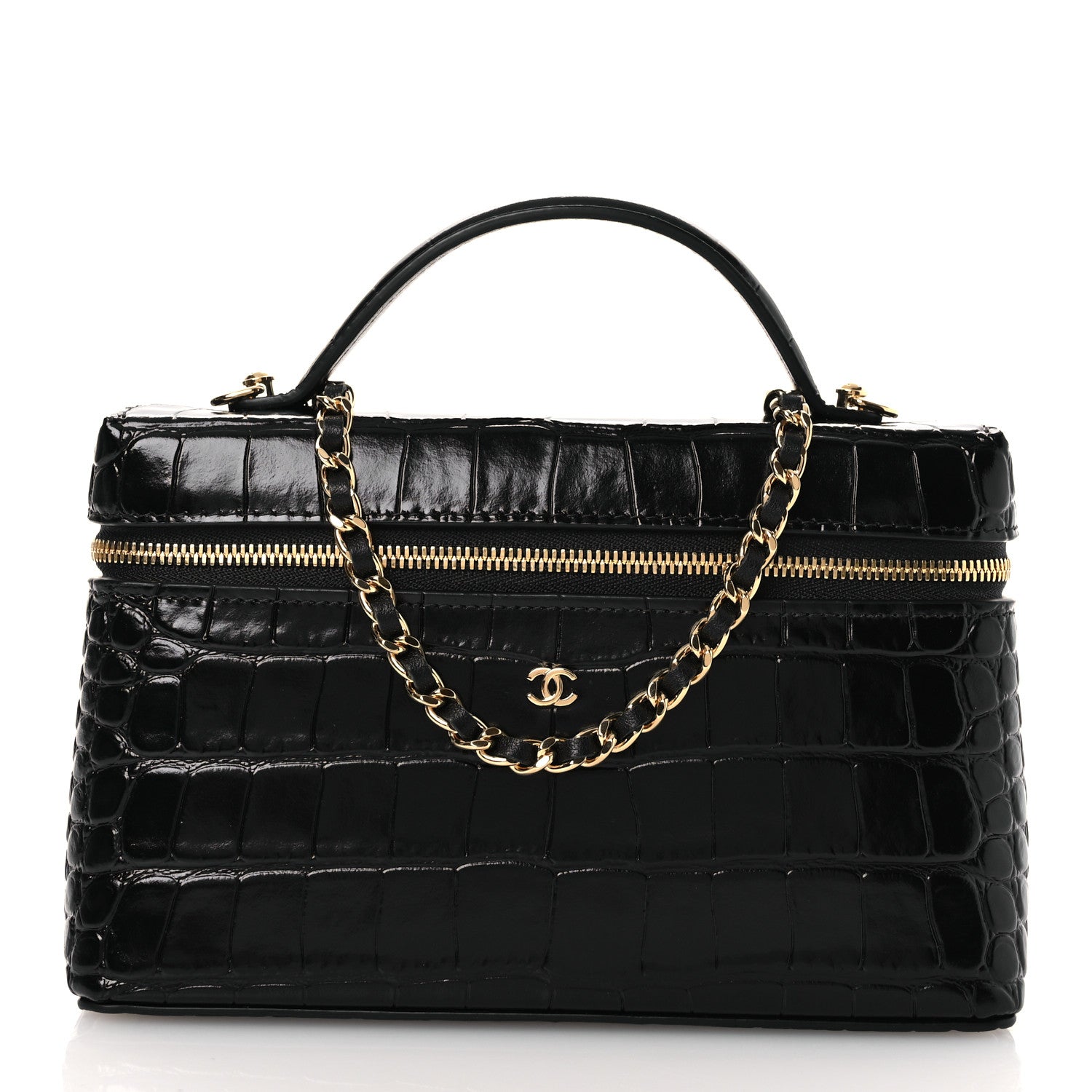 Calfskin Crocodile Embossed Crococo Exoticoco Vanity With Chain Black
