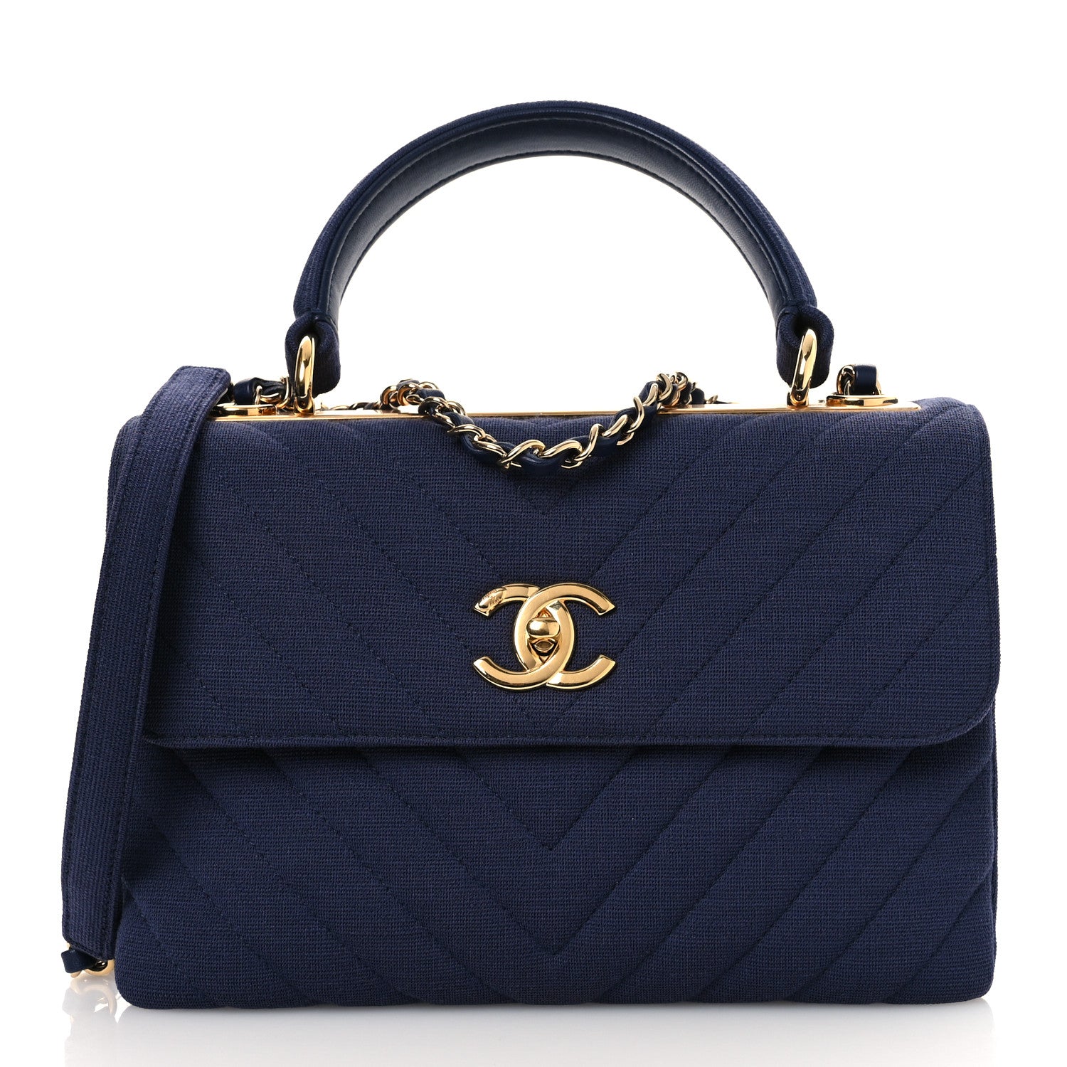 Jersey Chevron Quilted Small Trendy CC Dual Handle Flap Bag Navy Blue
