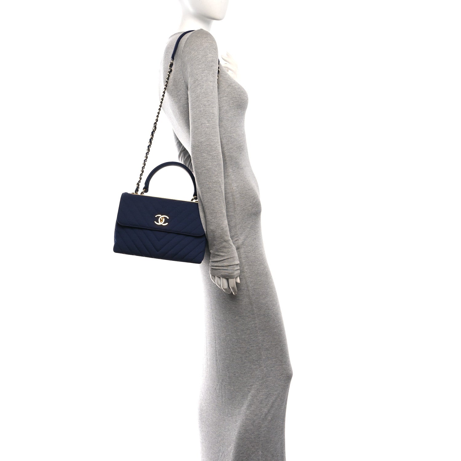 Jersey Chevron Quilted Small Trendy CC Dual Handle Flap Bag Navy Blue — view 2