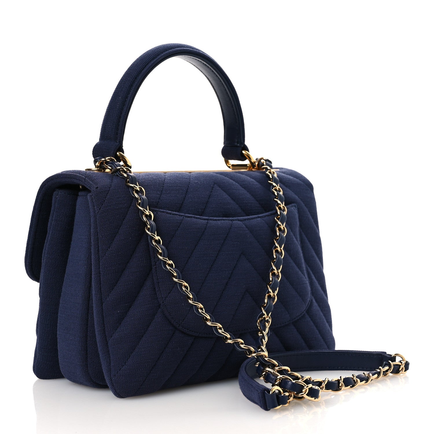 Jersey Chevron Quilted Small Trendy CC Dual Handle Flap Bag Navy Blue — view 3