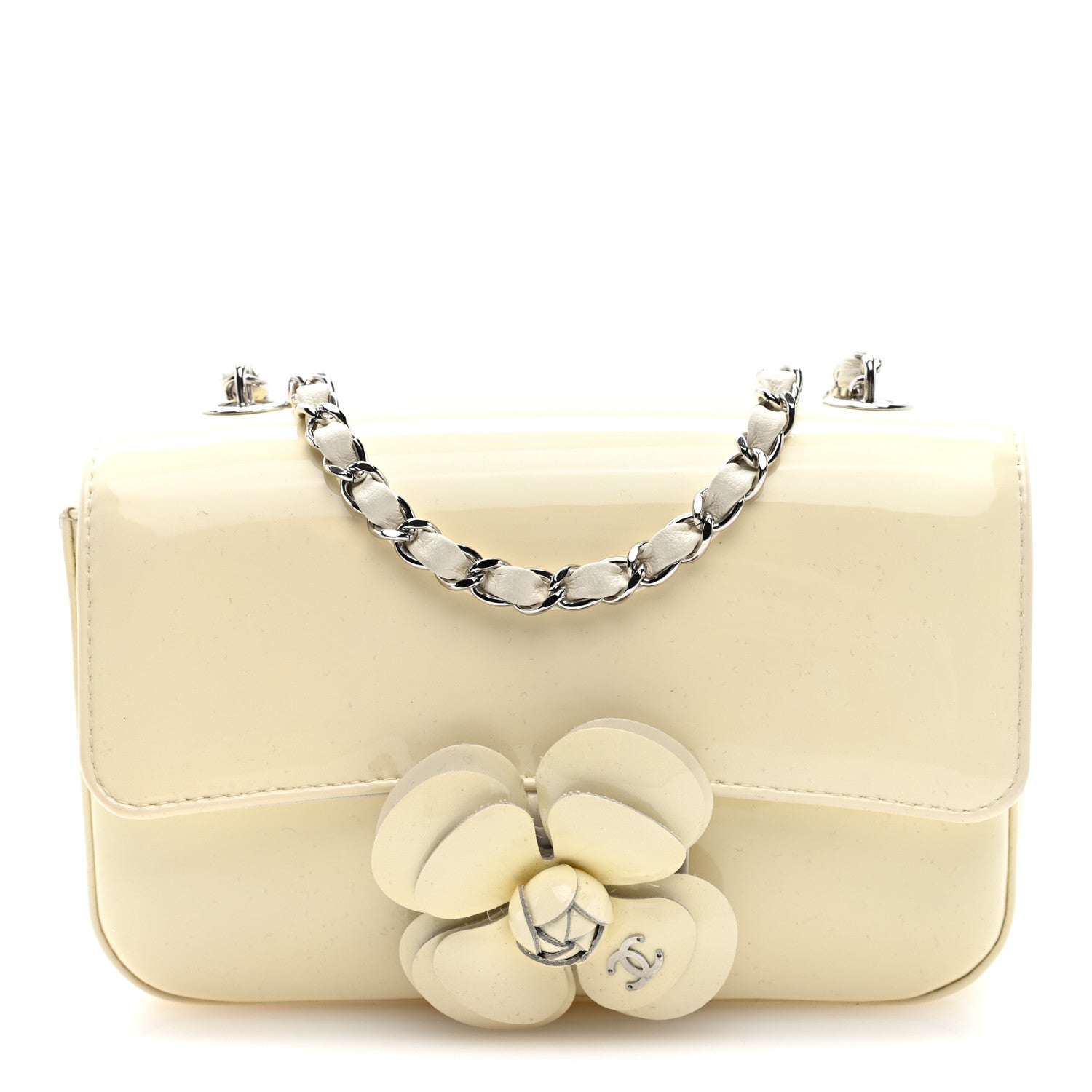 Patent Calfskin Small Camellia Single Flap White