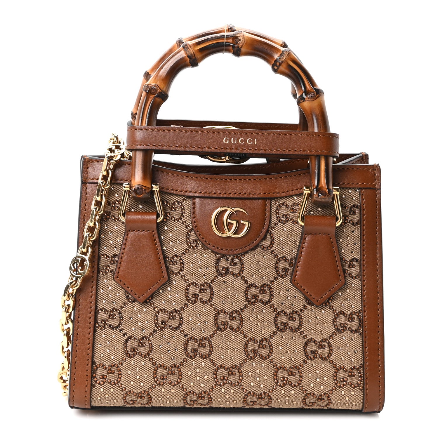 New Canvas Charisma Calfskin Crystal GG Monogram Mini Diana Tote Bag Camel Ebony