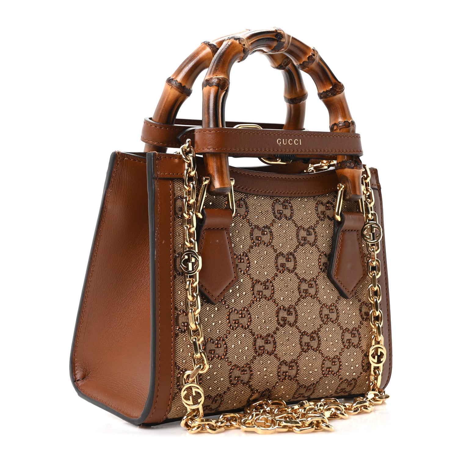 New Canvas Charisma Calfskin Crystal GG Monogram Mini Diana Tote Bag Camel Ebony — view 3