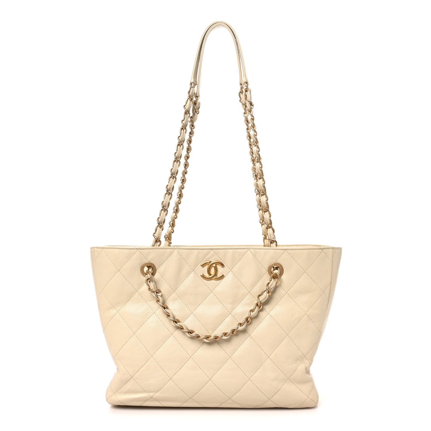 Caviar Quilted Small Trapezoid Chain Shopping Tote Ivory — view 1