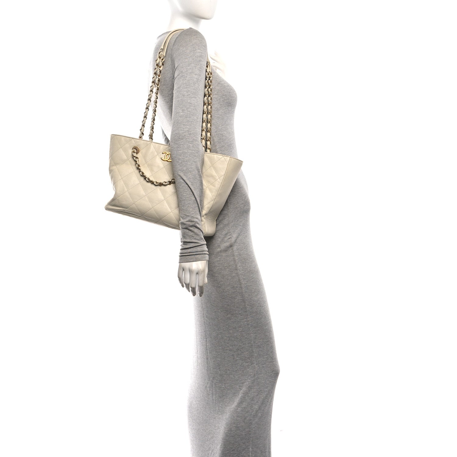 Caviar Quilted Small Trapezoid Chain Shopping Tote Ivory — view 2