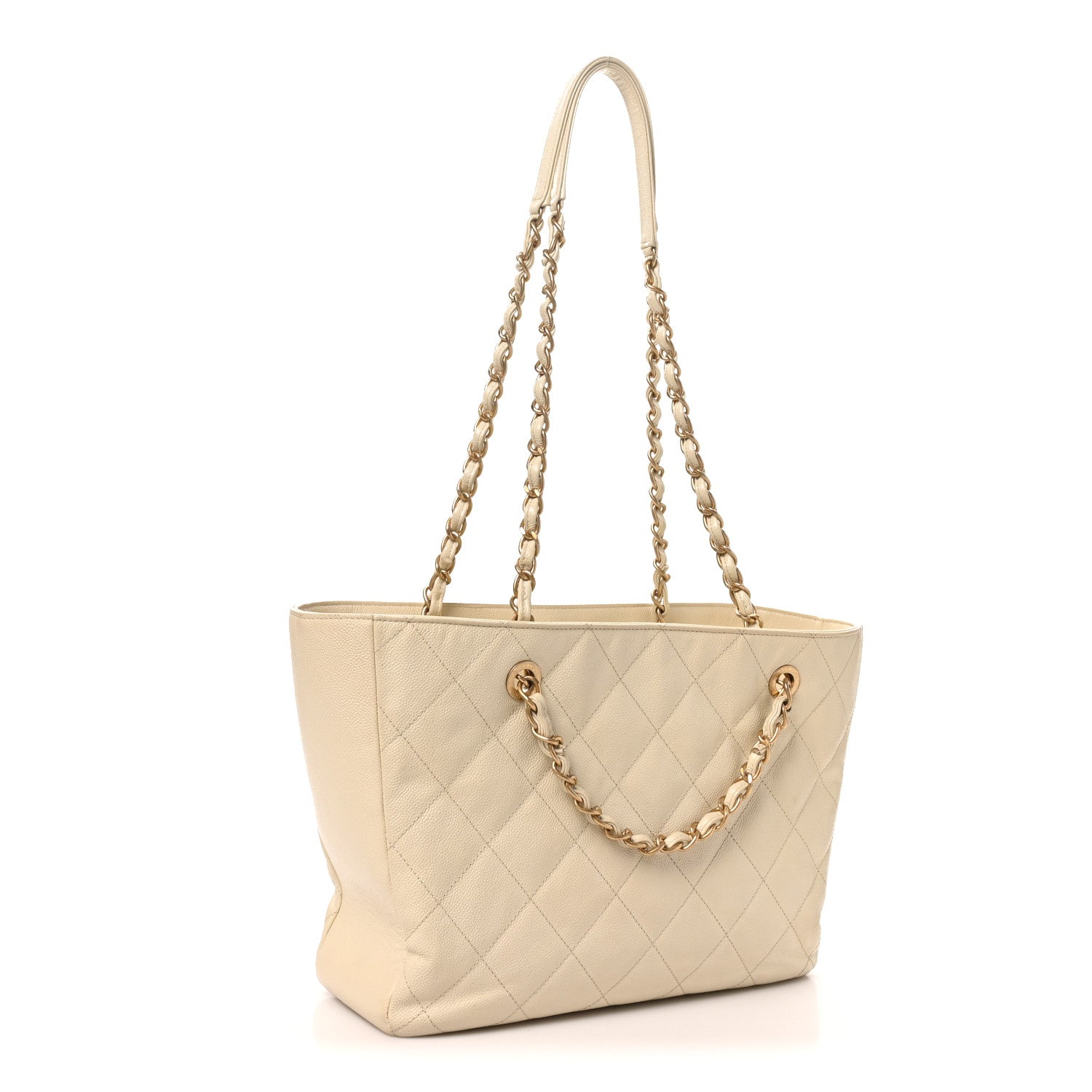 Caviar Quilted Small Trapezoid Chain Shopping Tote Ivory — view 3