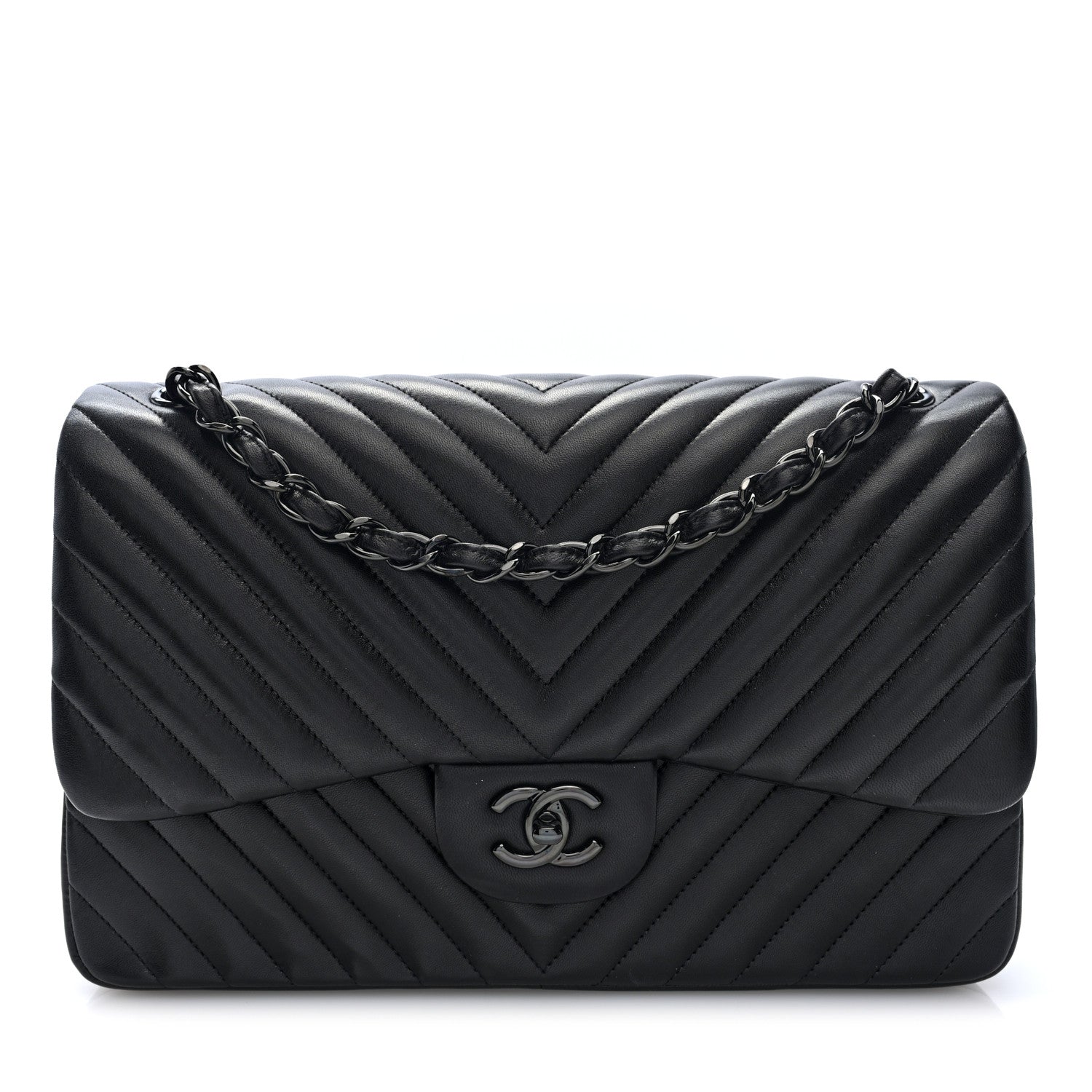Lambskin Chevron Quilted Jumbo Double Flap  So Black
