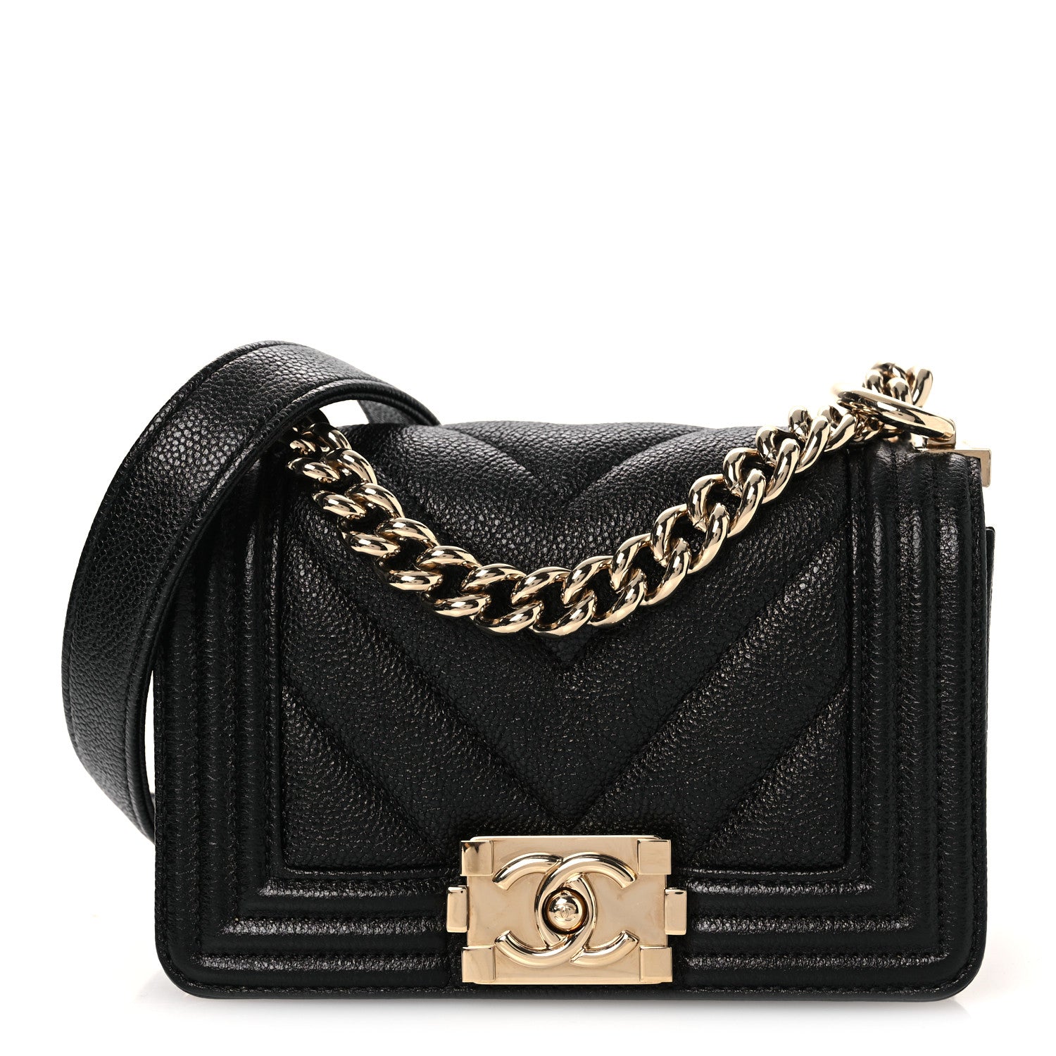 Caviar Chevron Quilted Mini Boy Flap Black Black