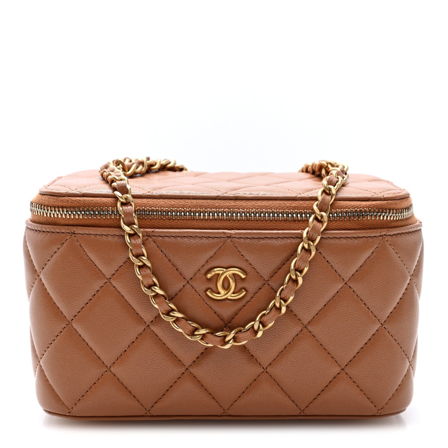 Lambskin Quilted Pearl Crush Small Vanity Case With Chain Beige