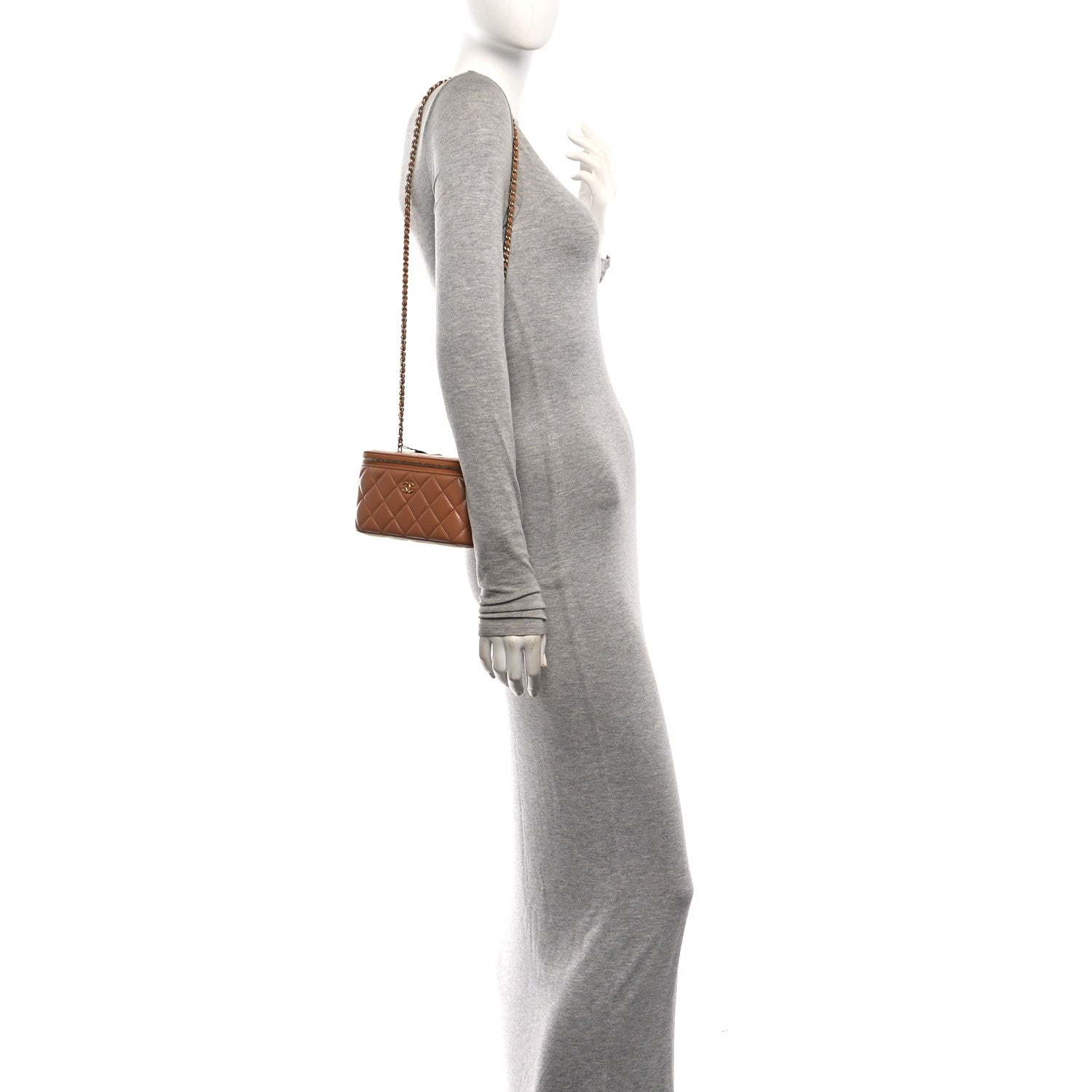 Lambskin Quilted Pearl Crush Small Vanity Case With Chain Beige — view 2