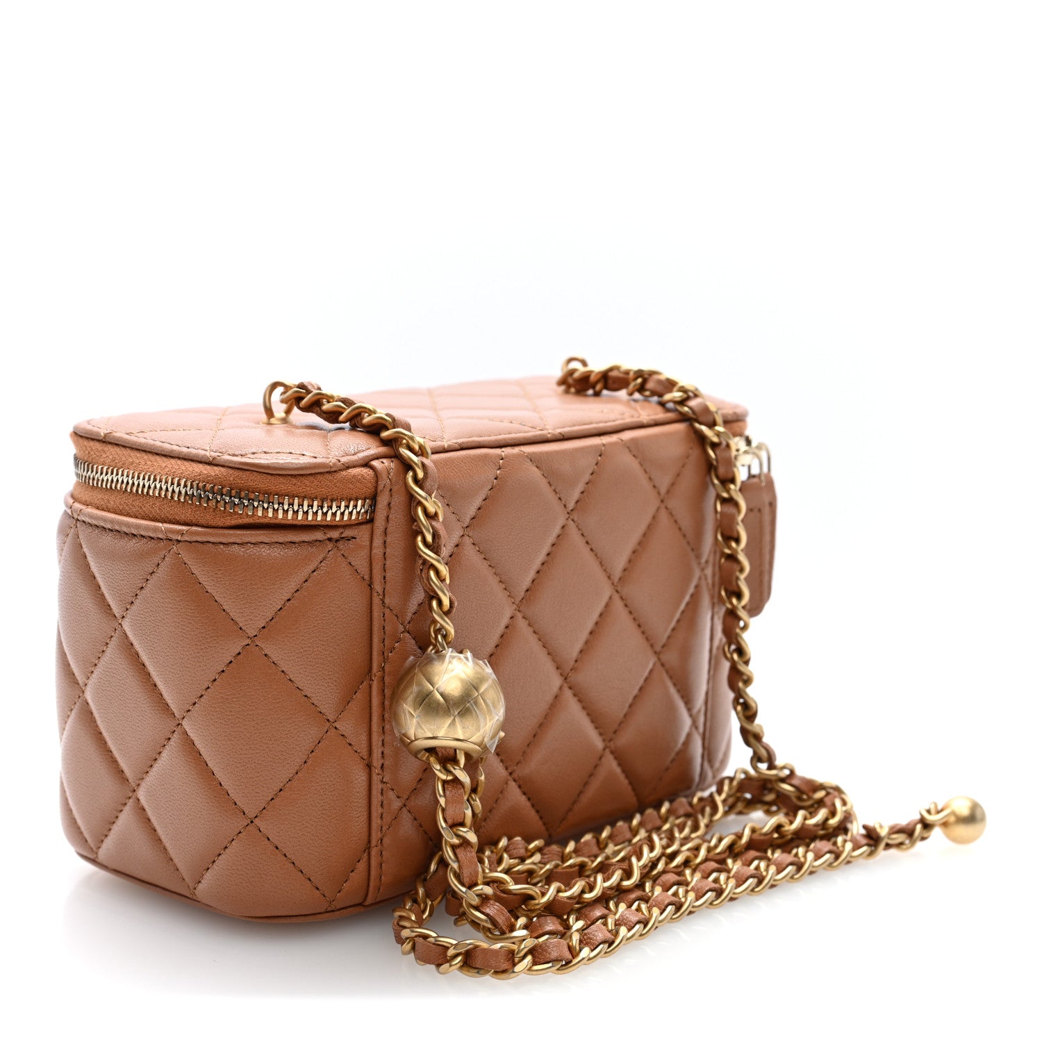 Lambskin Quilted Pearl Crush Small Vanity Case With Chain Beige — view 3