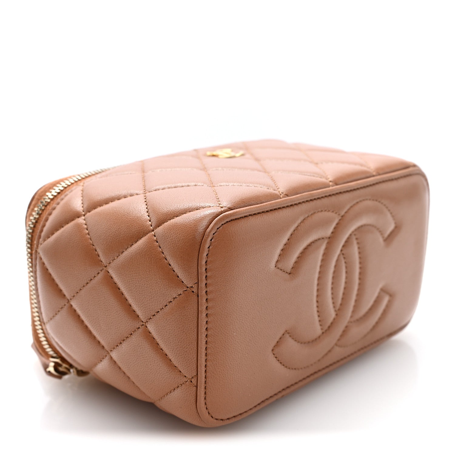Lambskin Quilted Pearl Crush Small Vanity Case With Chain Beige — view 4
