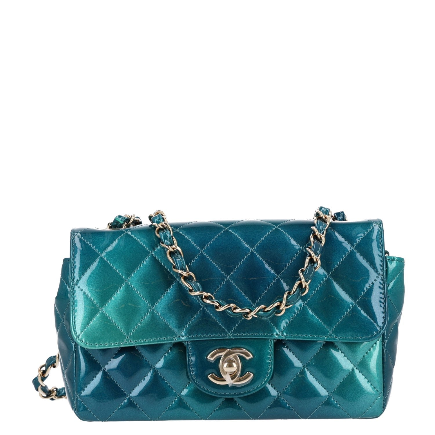 Shaded Patent Calfskin Quilted Mini Rectangular Flap Green Blue