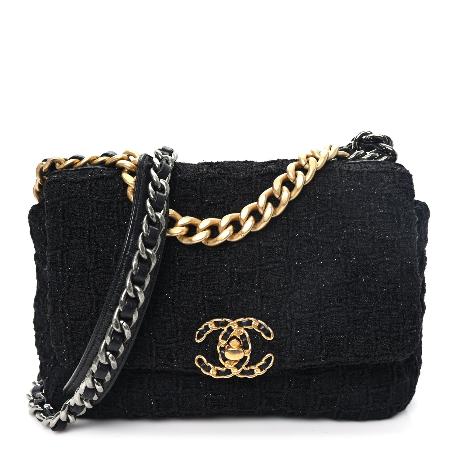 Tweed Quilted Medium Chanel 19 Flap Black Black